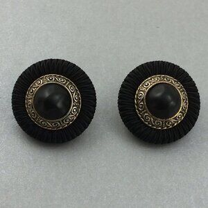 Large Vintage 80s Domed Clip-On Earrings Black Silver Metal Fabric 1980s Round
